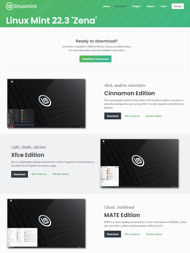 Image of the Linux Mint Download Page